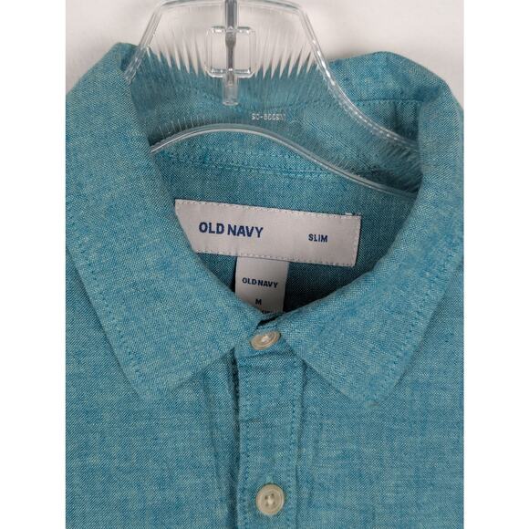 Old navy slim Sz M Teal green mens Linen shirt GUC Chest 41"CB length31"Sleev26" - Picture 4 of 7